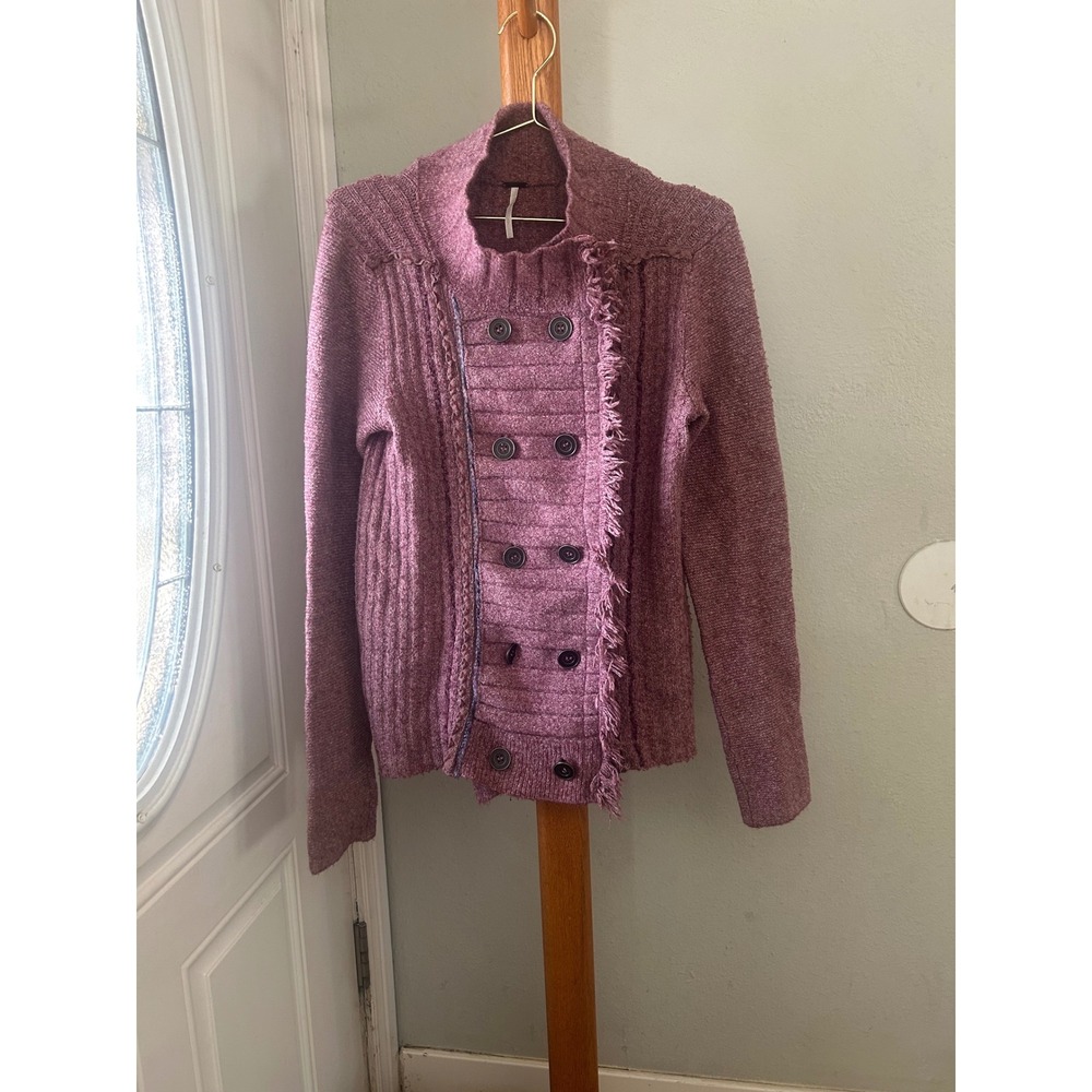 Cottage-core Fall fringe knit purple pink sweater jacket small